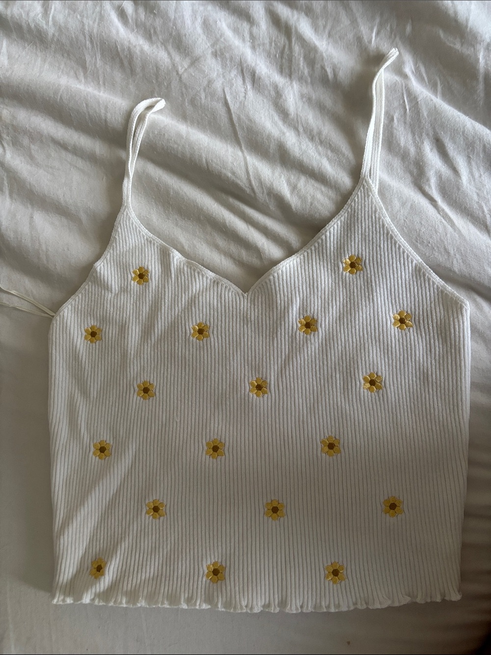 La Hearts White Ribbed Camisole with Yellow Floral Embroidery